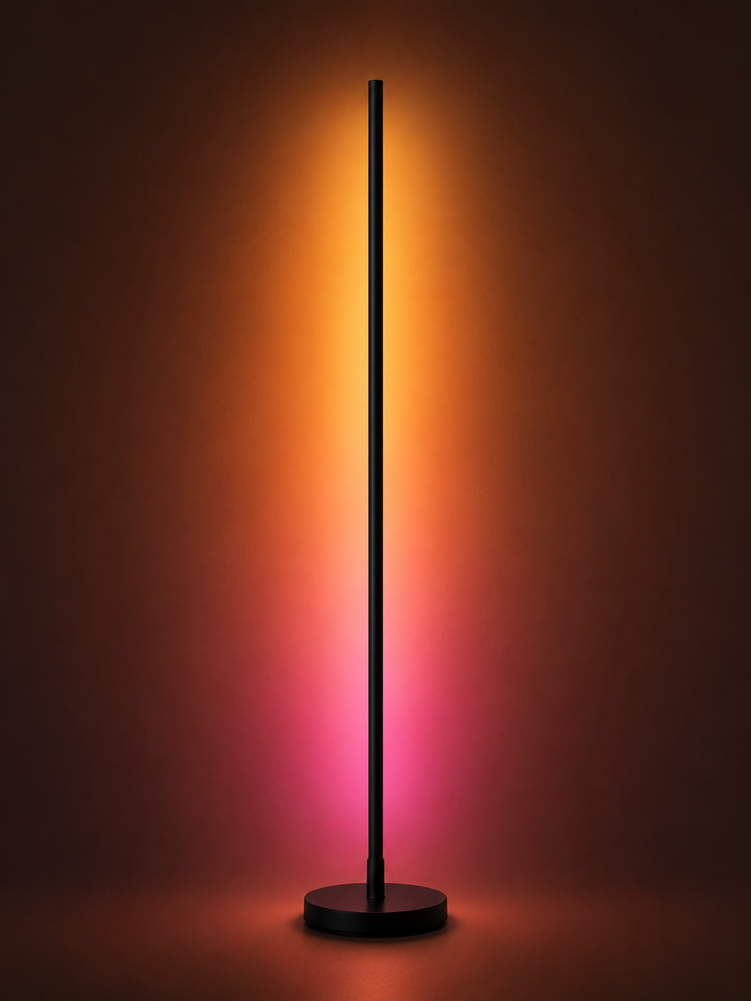 Lumen floor lamp with the light on and wood base visible
